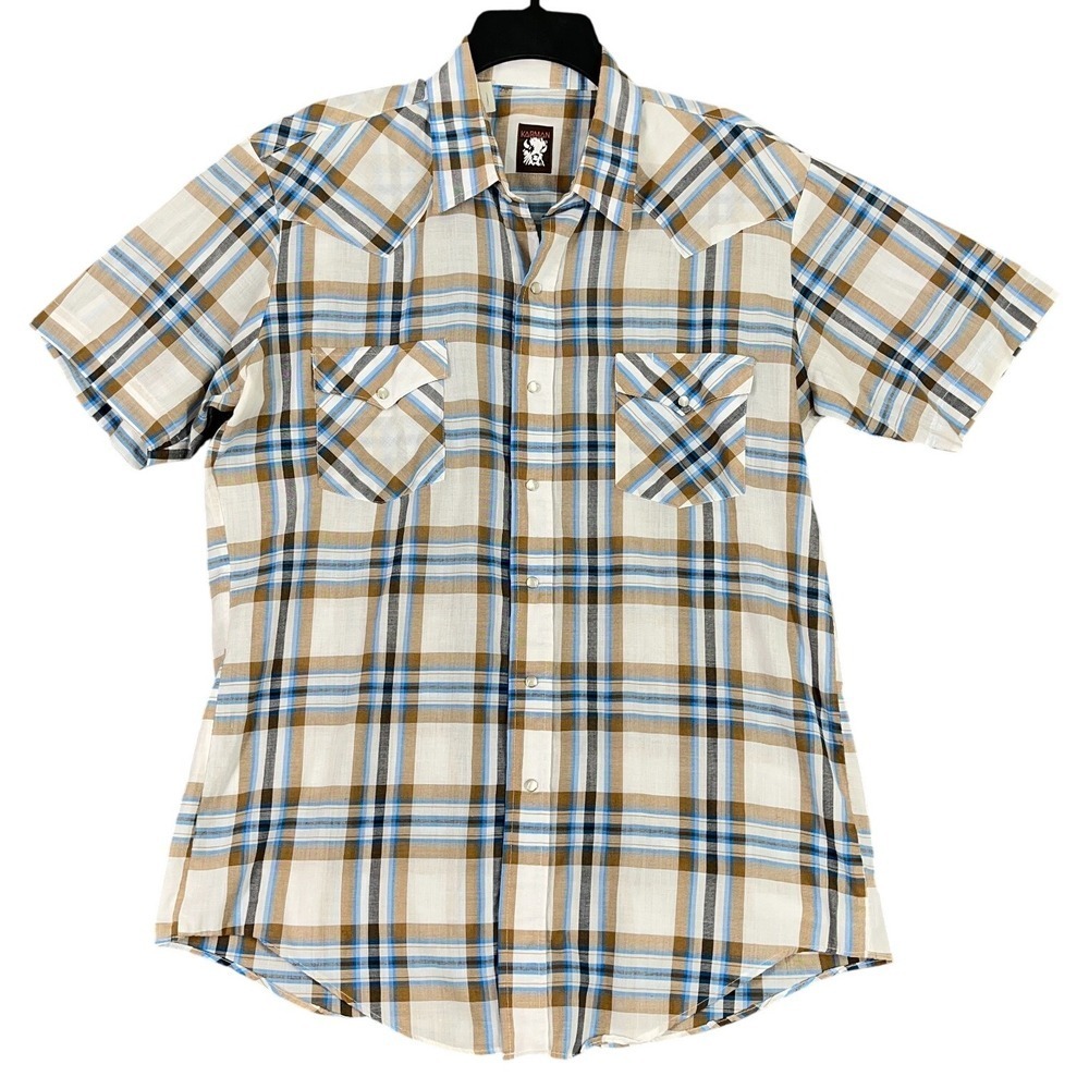 Karman Western Shirt Mens‎ L Plaid Pearl Snap Rodeo Ranchwear Classic Country